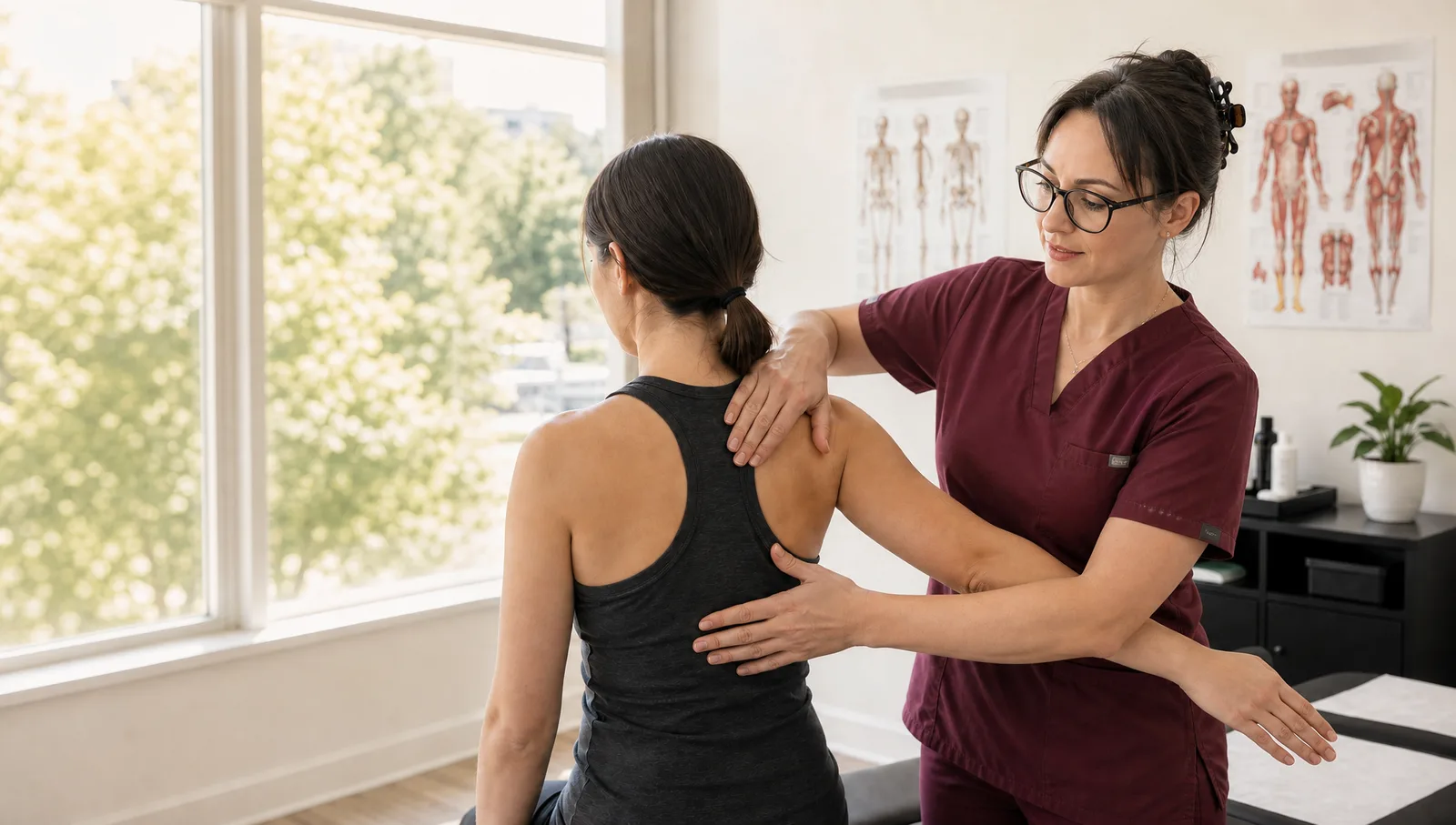 Manual osteopath assessing a patient’s shoulder mobility in her Mississauga practice